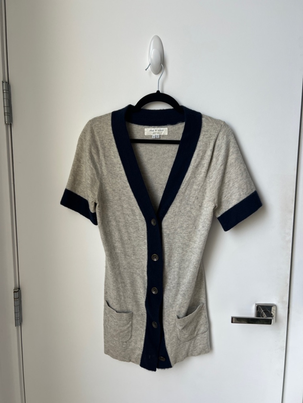 Rag & Bone Short Sleeve Cardigan with Navy Trim - Gray & Navy, size 6